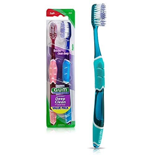 GUM Technique Deep Clean Toothbrush with Quad-Grip Handle  Full Soft Bristles  Twin Pack