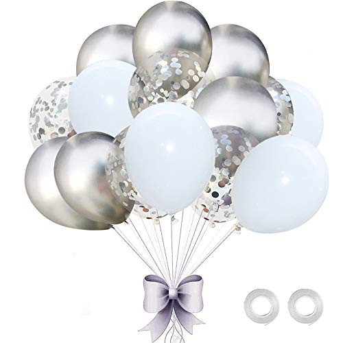 60 PCS White Silver Confetti Latex Balloons  Silver Confetti Balloons  White Balloons  Silver Metallic Chrome Party Balloon Set with 2 Ribbons for Baby Shower Birthday Wedding Graduation Parties