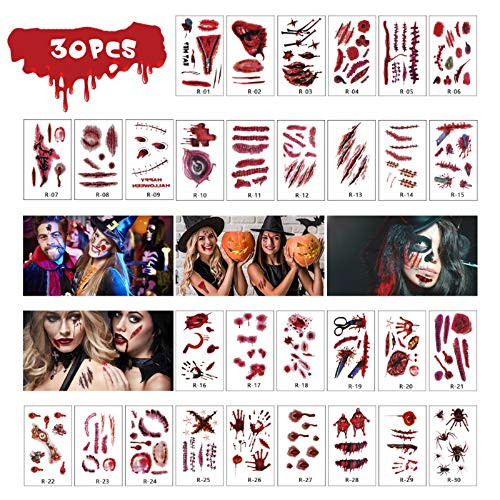 Halloween Temporary Tattoos - Innoo Tech Halloween Scar Tattoo  30 Sheet Halloween Tattoo Stickers with Fake Bloody Scar Wound Injury Body Stickers Waterproof for Halloween Cosplay Party