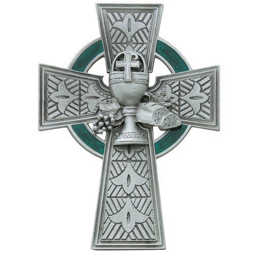 Catholic Pewter First Communion Celtic Cross - 4 3-4 with Green Enamel- Chalice Centerpiece Catholic Pewter First Communion Celtic Cross - 4 3-4 with Green Enamel- Chalice Centerpiece