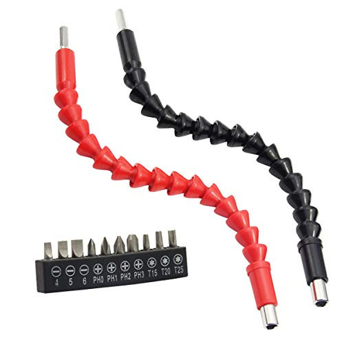 YXGOOD 2 Pcs 11-5 Inch Flexible Screwdriver Drill Bit Extension with 10 Pcs Screwdriver Bit Sets - Magnetic Hex Soft Shaft for Electrical Screwdriver or Hand Drill Multi-angle Work