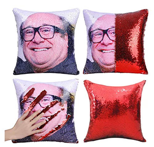 Ocosy Danny Devito Sequin Pillow Cover Danny Devito Face Mermaid Funny Reversible Magic Throw Pillow Case 16x16 Inches Red