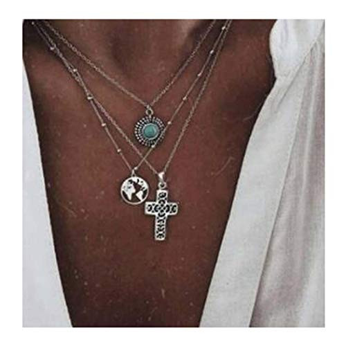 Protuster Boho Silver Cross Layered Choker Globe Necklaces Turquoise Pendant Chain Necklace Set Beach Accessories Jewelry for Women and Teens Girls-