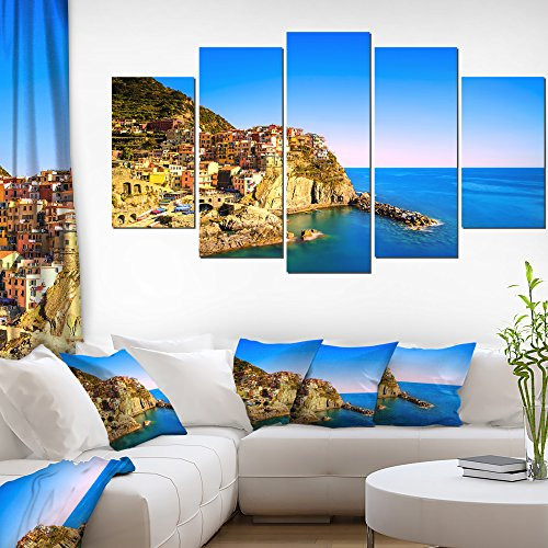 Designart Manarola Village Italy-Extra Large Seashore Canvas Art-60x32 5 Piece-PT11373-373, 60x32-5 Panels Diamond Shape