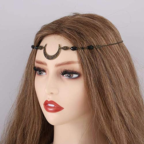 Brinote Boho Crescent Moon Head Chain Vintage Crystal Headpieces Halloween Hair Accessories for Women and Girls Black