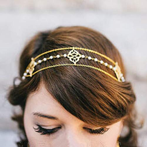 Asooll Wedding Pearl Head Chain Bride Layered Totem Headband Festival Headpieces for Women and Girls Gold