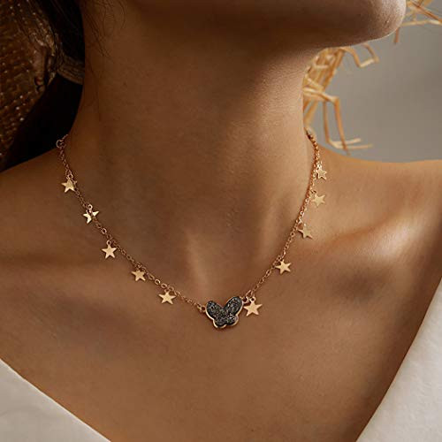Acedre Gold Butterfly Choker Necklace Star Tassel Necklace Chains Adjustable Necklace Jewelry Accessory for Women and Girls