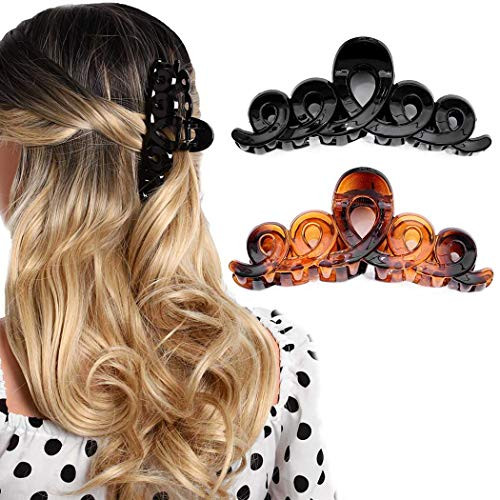Chennie 2PCS Hair Claw Banana Clips Styling Barrettes Large Non-slip Hairpins Fashion Accessories for Women Girls Black Brown