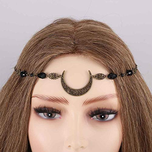 Aiyuan Head Jewelry Headband Vintage Crescent Moon Head Chains Black Headpieces Crystal Hair Accessories Forehead Chains for Prom Wedding Party Halloween Headdress for Women and Girls Black