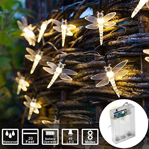 String Lights Night Light Waterproof Dragonfly Lights String Battery Operated String Lights Fairy LED Decorations for Wedding Party Christmas Home Garden Patio (Warm White, 20Feet 40Led)