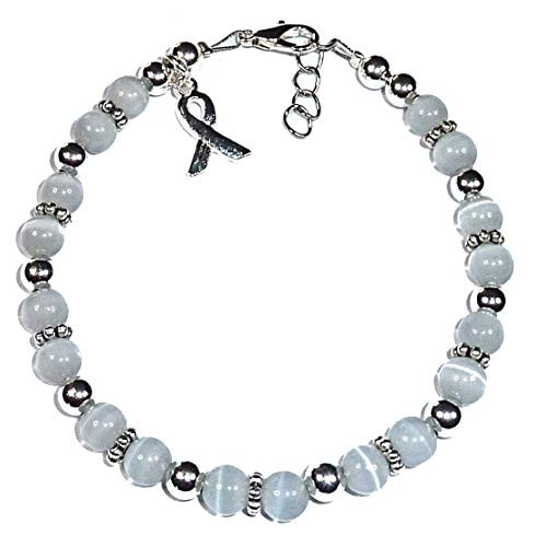 Cancer Awareness Bracelet  for Showing Support or Fundraising Campaign  Adult Size with Extension  6mm Cat s Eye Beads- Comes Packaged- Brain Cancer - Grey