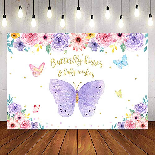 Avezano Butterfly Kisses Backdrop Baby Wishes Floral Photo Background 5x3ft Purple Flowers Girls Baby Shower Party Decoration Supplies Dessert Table Banner