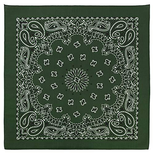 100  Cotton Western Paisley Bandanas 22 inch x 22 inch Made in USA - Hunter Green Single Piece 22x22 - Use For Handkerchief  Headband  Cowboy Party  Wristband  Head Scarf - Double Sided Print