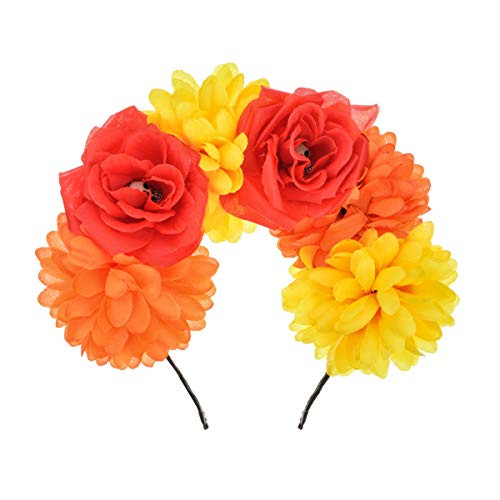 June Bloomy Day of The Dead Headpiece Frida Costume Mexican Floral Crown Rose Headband Skull Red Orange