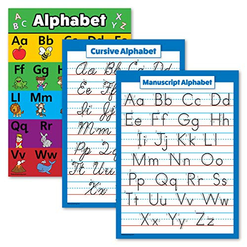 3 Pack - ABC Alphabet  Cursive  Manuscript Poster Set - Educational Charts Laminated  18  x 24
