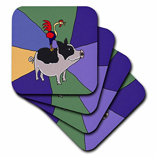 3dRose cst_195278_3 Funny Rooster on Pig Folk Art-Ceramic Tile Coasters, Set of 4