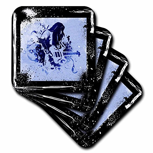 3dRose cst_53880_3 Rock and Roll Guitar Player Art with Grunge Frame and Highlights Ceramic Tile Coasters, Set of 4