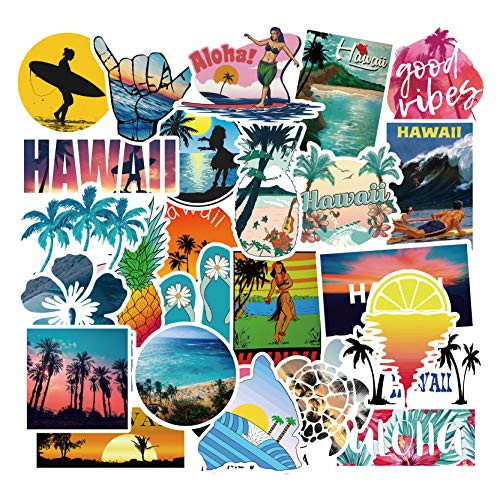 50 Pcs Vinyl Hawaii Aloha Stickers Waterproof Beach Vacation Sticker Pack for Water Bottle Hydro Flask Laptop Skateboard Luggage Bike Car