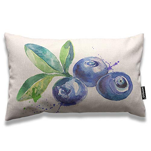 AOYEGO Blueberry Throw Pillow Cover 12x20 Inch Nature Watercolor Painting Fruit Berries Green Leaves Rectangle Pillow Cases Home Decorative Cotton Linen Cushion Cover for Bed Sofa