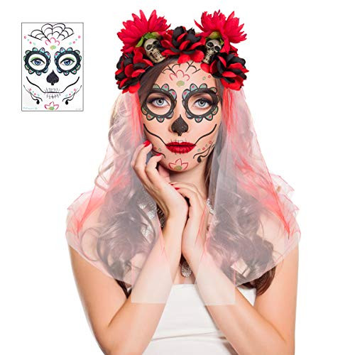 Halloween Day of The Dead Black and Red Rose Flower Crown Mexican Headband Headpiece Costume