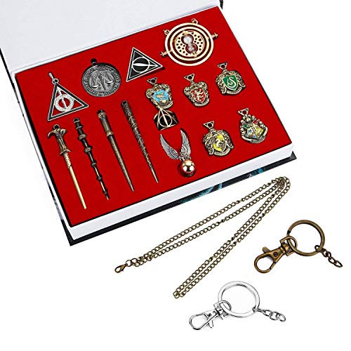 Bescar 15PCS in One Set Harry Potter Magic Wand Hogwarts House Badge in Gift Box with Keychain Necklace (15PCS)