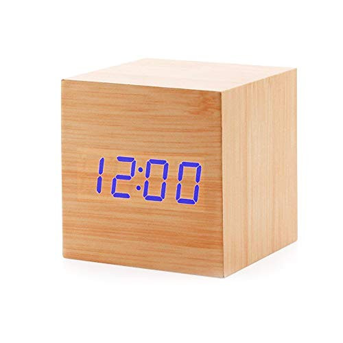 Digital Alarm Clock, Wood LED Light Mini Modern Cube Sound Activated Desk Alarm Clock Displays Time Date Temperature for Bedrooms Home Office Dormitory Travel
