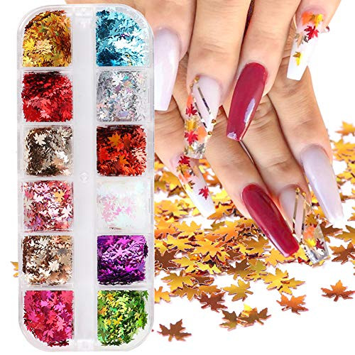 12 Colors Fall Nail Art Stickers Decals Maple Leaf Glitter Nail Art Sequins Nails Decorations Supply Autumn Maple Leaves Nail Glitter Flakes Manicure Tips Accessories Holographic Nail Sparkle Glitter