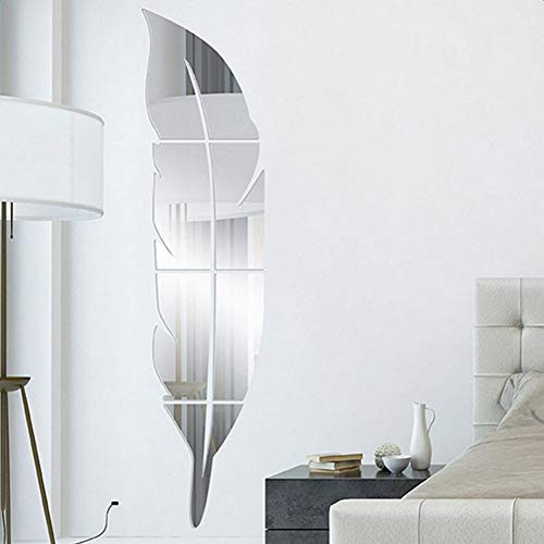 Adarl 1pc Modern Home Decor 3D Acrylic Mirror Feather Wall Stickers Removable Art Decals Mural Living Room Office Decoration Sliver