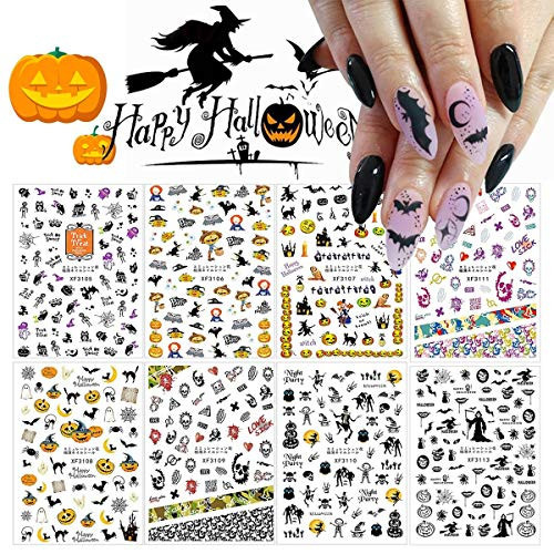 BiBiSi Halloween Nail Art Stickers Decals  Fall Nail Art Supplies 10Pcs Self-Adhesive DIY 3D Nail Sticker Witch Skull Witch Pumpkin Maple Leaf Cat Nail Art Design for Halloween Party Acrylic Nail Art