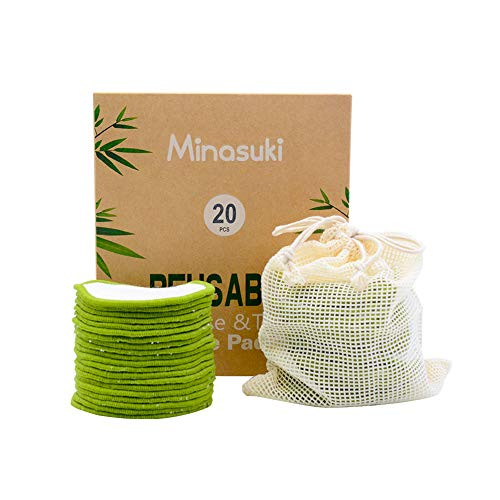Minasuki 20 Pack Organic Reusable Makeup Remover Pads - Bamboo Reusable Cotton Rounds for Toner  Washable Eco-Friendly Pads for all Skin Types with Cotton Laundry Bag
