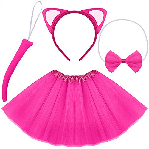 Elcoho 4 Pieces Cat Ear Headband Tutu Skirt Bowtie Tail Cat Cosplay Set for Halloween Christmas Festival Cosplay Daily Wear Accessory Hot Pink