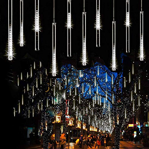 Zezuxy Falling Rain Lights White  UL Listed Meteor Shower Lights with 11-8 inch 8 Tubes 144 LEDs Raindrop Lights  Outdoor Icicle Cascading Christmas String Lights for Trees Thanksgiving Garden Party