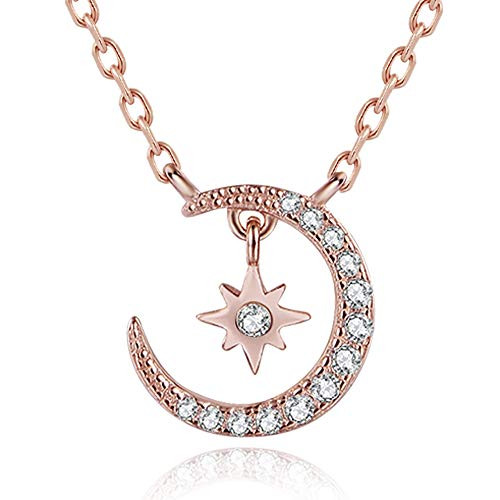YOUMIYA S925 Rose Gold Plated Moon Star Pendant Necklace for Women Jewelry Gift Moon Star Necklace