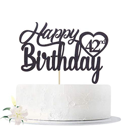 Black Glitter Happy 42nd Birthday Cake Topper  Hello 42  Cheers to 42 Years Old  Fourty-Two Years Old Party Decoration Supplies