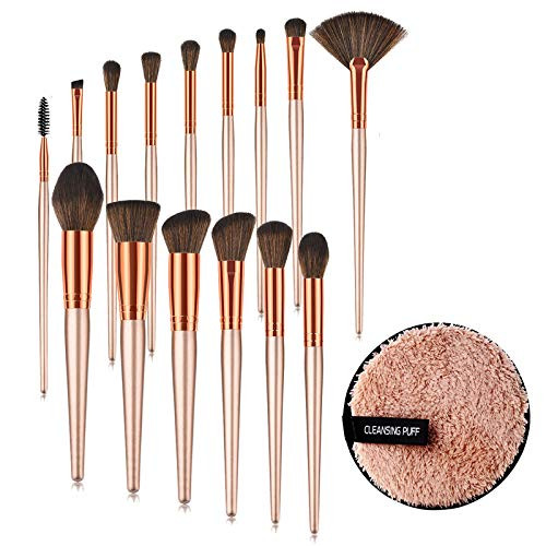 Aolongli Makeup Brushes 15 Pcs Makeup Brush Set With Face Cleansing Puff Premium Synthetic Brush Foundation Contour Highlighter Powder Blush Blending Eye shadows Brushes kit