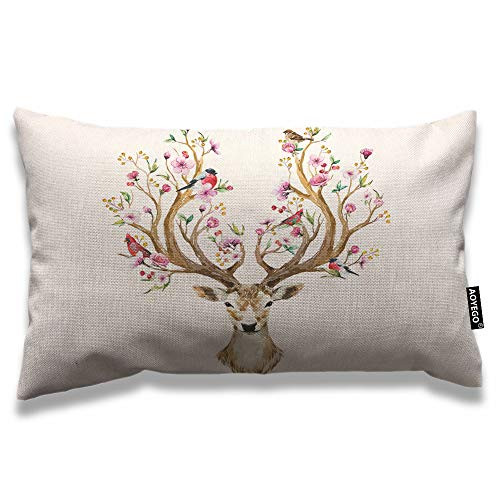 AOYEGO Antler Throw Pillow Cover 12x20 Inch Deer with Flowers Birds on Horns Like Tree Branches Cherry in Spring Rectangle Pillow Cases Home Decorative Cotton Linen Cushion Cover for Bed Sofa Brown