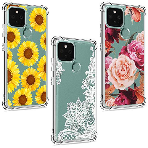 3 Pack Case for Google Pixel 5  for Girls Women Shock-Absorption Anti-Scratch Crystal Clear Soft TPU Slim Bumper Protective Phone Case Cover for Google Pixel 5 5G  Flower