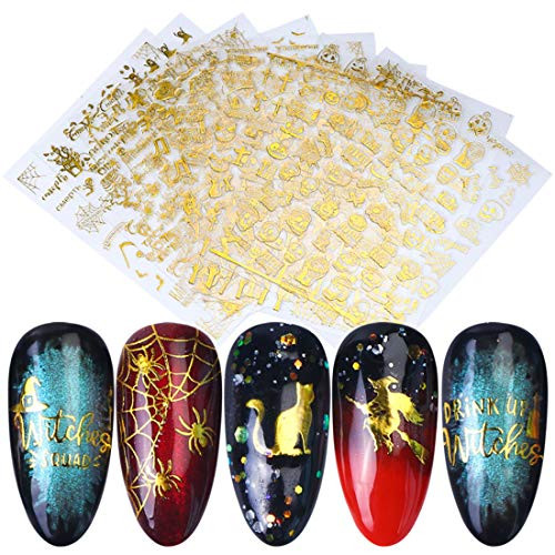 3D Halloween Nail Art Stickers Gold Self Adhesive Nails Art Decals 4 Sheets Spider Web Ghost Pumpkin Skull Cat Witch for Halloween Party Supplies Manicure Nail Art Decorations