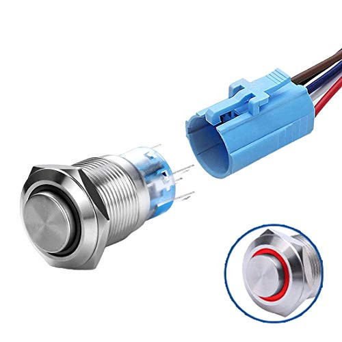 WerFamily High Round Cap Ring 12V Red LED 19mm Latching Push Button Switch 1NO 1NC SPDT ON-OFF Waterproof Stainless Steel Metal with Wire Socket Plug