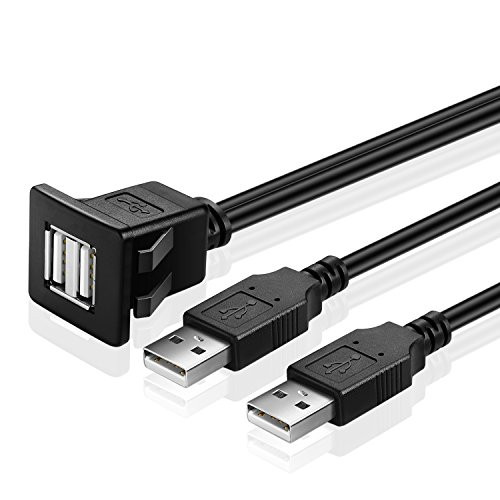 TNP Dual USB Flush Mount Cable w-Buckle Square- Dashboard Panel Dash Mount 2 Ports Dual USB Socket Plug Jack Connector Extension Wire Cord Water Resistant Male to Female 1-8M - 6FT