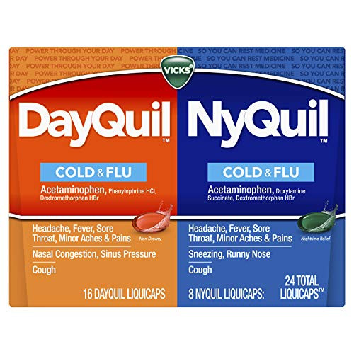 Vicks DayQuil and NyQuil Cold  Flu and Congestion Medicine  24 LiquiCaps Convenience Pack  Relieves Cough  Sore Throat  Fever  Runny Nose  Daytime and Nighttime