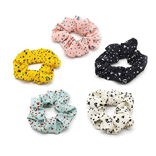 Sweet Hair Scrunchies with Heart Pattern 5 Pcs Elastic Hair Ties Chiffon Hair Bands for Girls Scrunchy Ponytail Holder