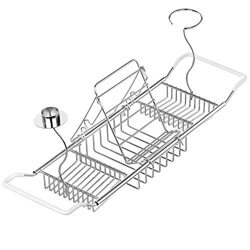 SANNO Bathtub Tray Bath Caddy, Stainless Steel Tub Caddy Rack & Organizer with Stand for Book, iPad or Phone - Candle Holder,Wine Holders