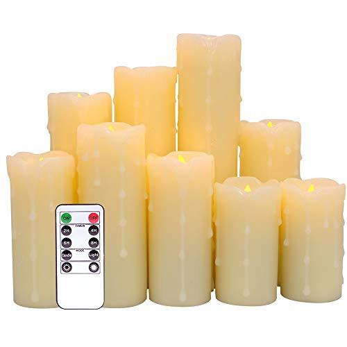 Eldnacele Pack of 9 Flameless Candles, Christmas Pillar Flickering Flameless LED Candles Dripping Unscented Candles(H4" 5" 6" 7" 8" 9" x D2.2") Offwhite Battery Operated Candles with Remote Timer