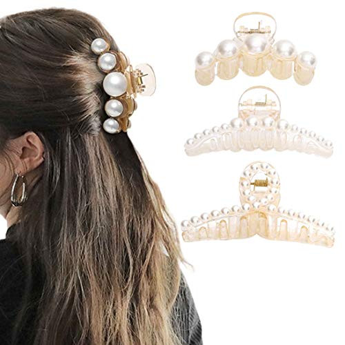 Chennie Large Pearl Hair Claw Clips Thick Long Hair Jaw Clips Non Slip Banana Barrettes Fashion Pearl Hair Clips Hair Accessories for Women and Girls3 Packs white