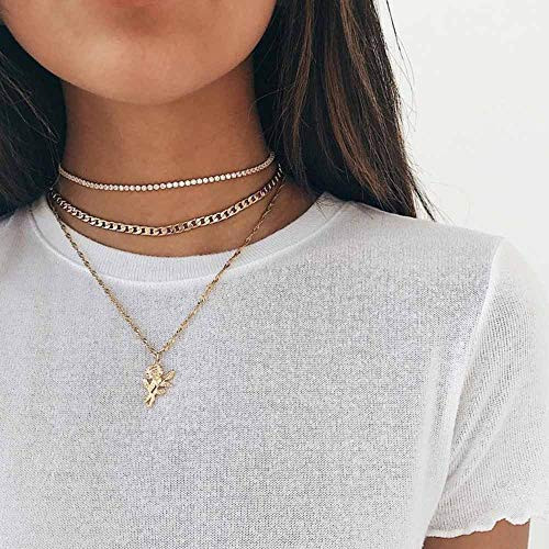 Jovono Bohemian Multi - Layer Necklace with Rose Pendant For Women and Girls Gold