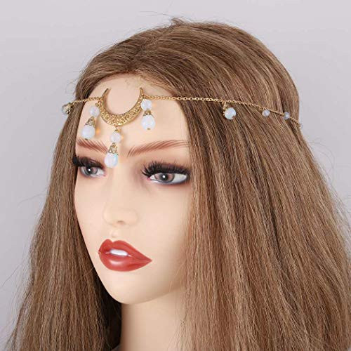 Brinote Boho Crescent Moon Head Chain Tassel Crystal Headpieces Vintage Halloween Hair Accessories for Women and Girls Gold