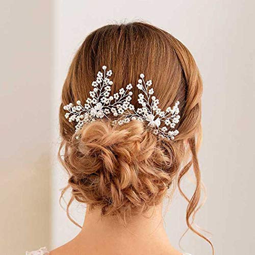 Casdre Bride Wedding Hair Pins Silver Pearl Bridal Hair Accessories Flower Hair Piece for Women and GirlsPack of 2