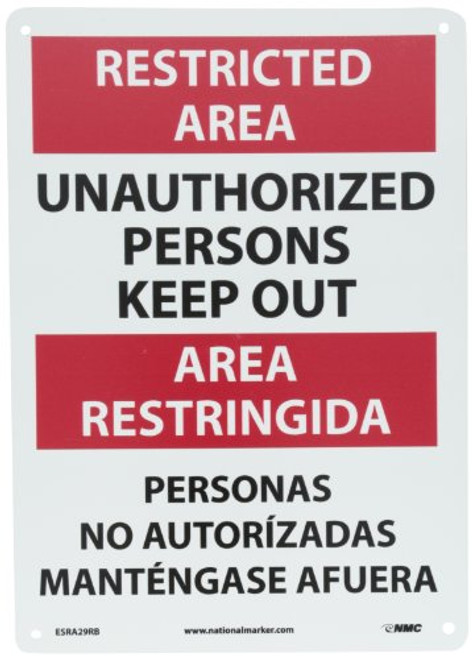 NMC ESRA29RB Bilingual OSHA Sign Legend RESTRICTED AREA - UNAUTHORIZED PERSONS KEEP OUT 10 Length x 14 Height Rigid Plastic Black-Red on White NMC ESRA29RB Bilingual OSHA Sign Legend RESTRICTED AREA - UNAUTHORIZED PERSONS KEEP OUT 10 Length x 14 Height Rigid Plastic Black-Red on White