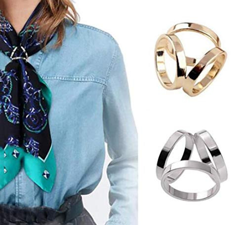 2PCS Women Girls Three Ring Fashion Scarf Ring Buckle Scarf Clip Modern Simple Triple Slide Jewelry Silk Scarf Clasp Clips Clothing Wrap Holder Gold  Silver